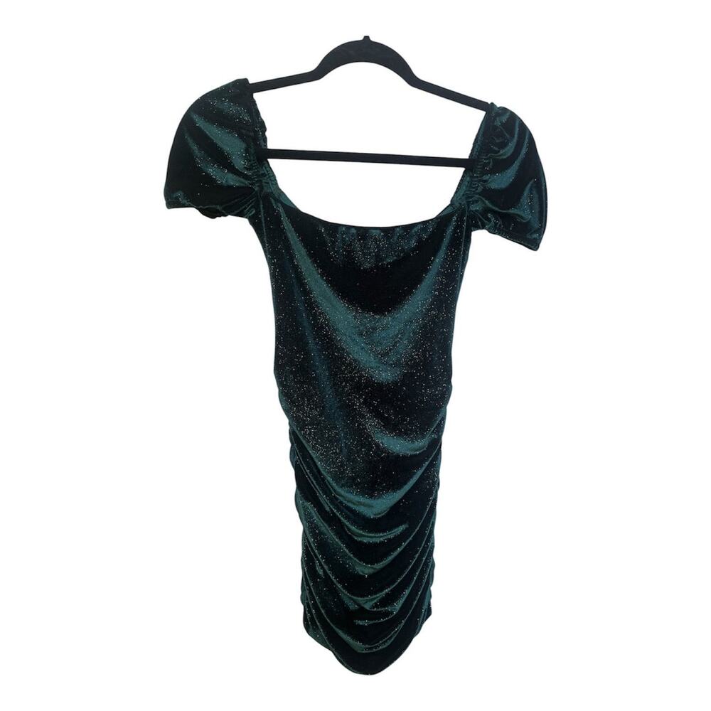 Lucy in the Sky Emerald Glitter Velvet Ruched Puff-Sleeve Mini Dress